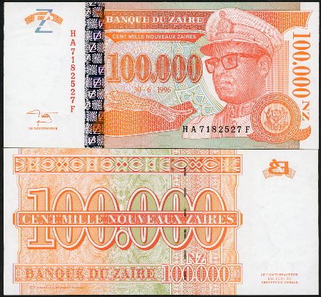 100,000 nouveaux zaires  (90) UNC Banknote