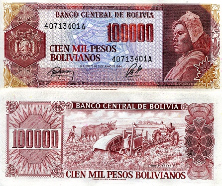 100,000 pesos bolivianos  (85) AU-UNC Banknote