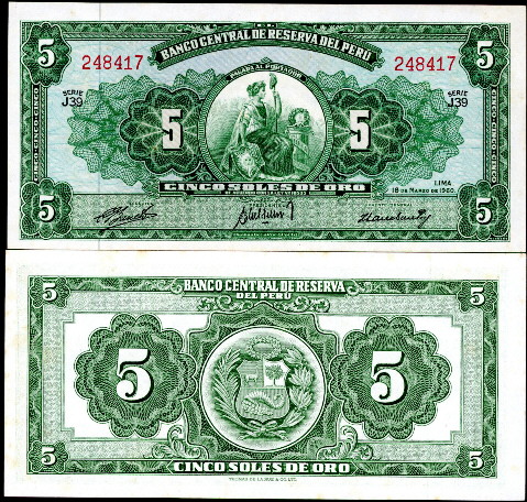 5 soles de oro  (85) AU-UNC Banknote